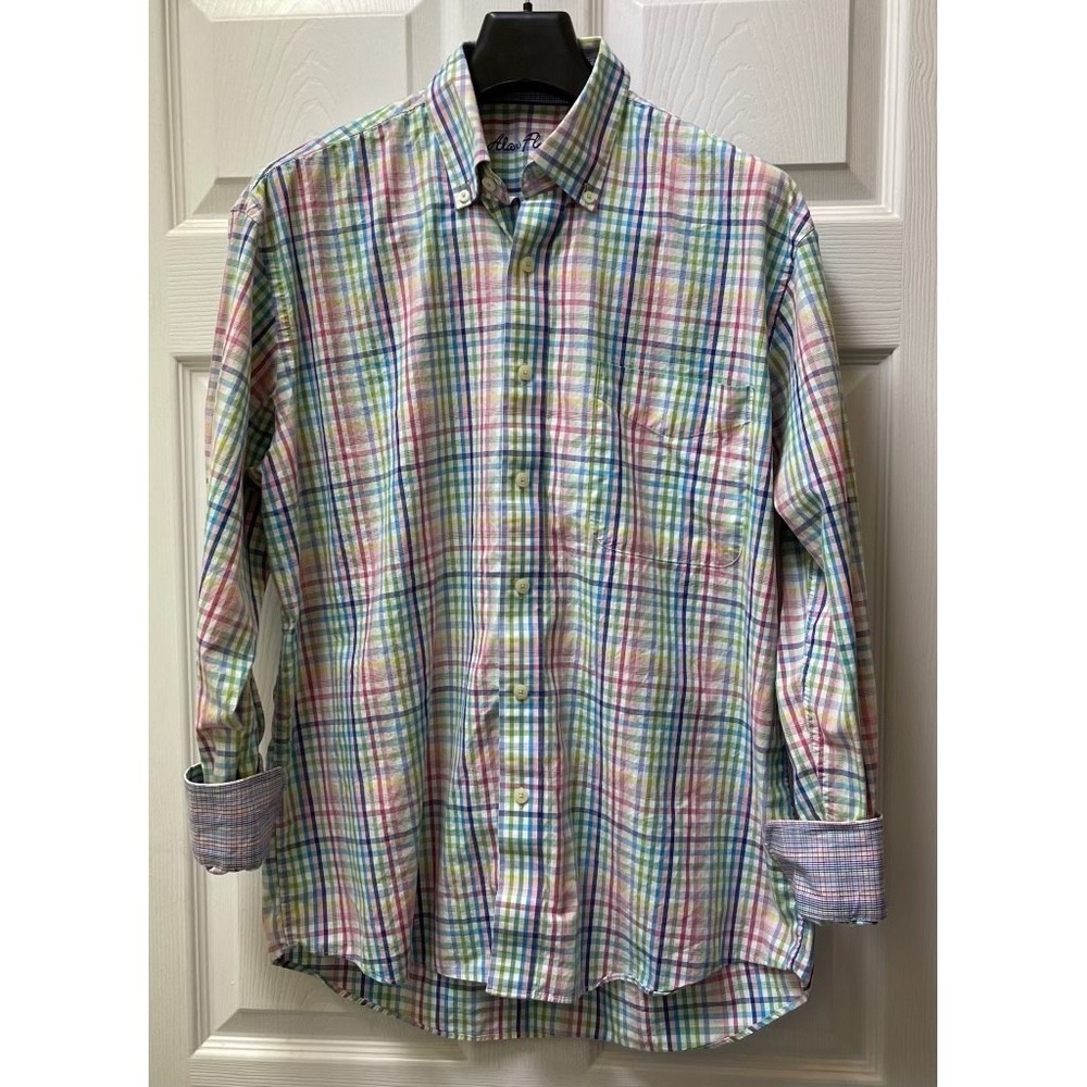 Alan Flusser Men's Medium Green Blue Pink Plaid Button Up Cuff‎ Long Sleeve